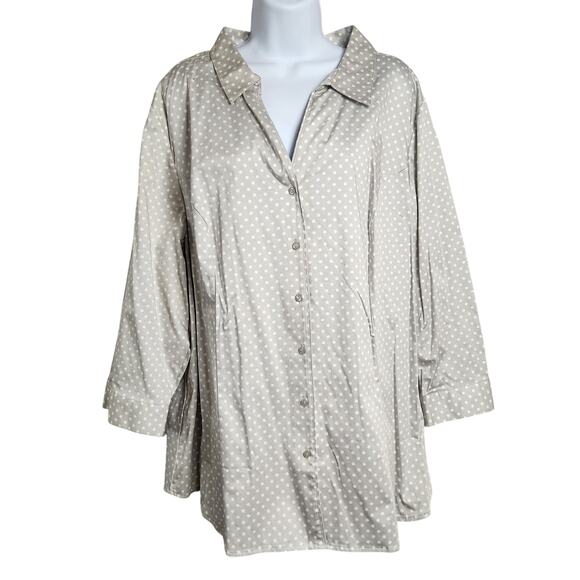 NWT Lane Bryant Top Womens Size 28 Gray White Polka Dot V Neck Button Down - Picture 1 of 14